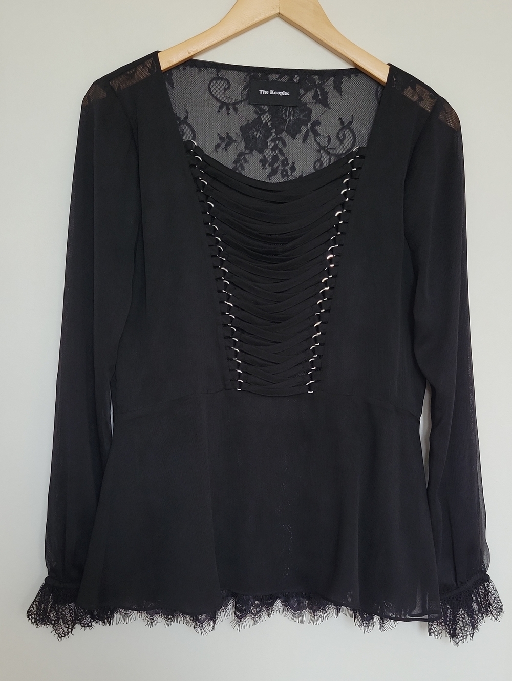 The Kooples Black Lace Sheer Long-Sleeve Peplum Blouse - Picture 4 of 15